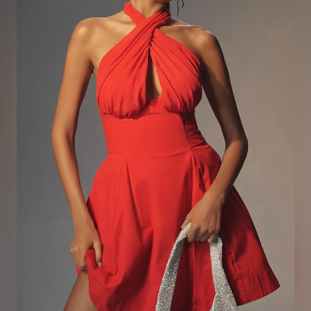 Maeve Twist Halter Tie-Neck Mini Red Dress Size Small
